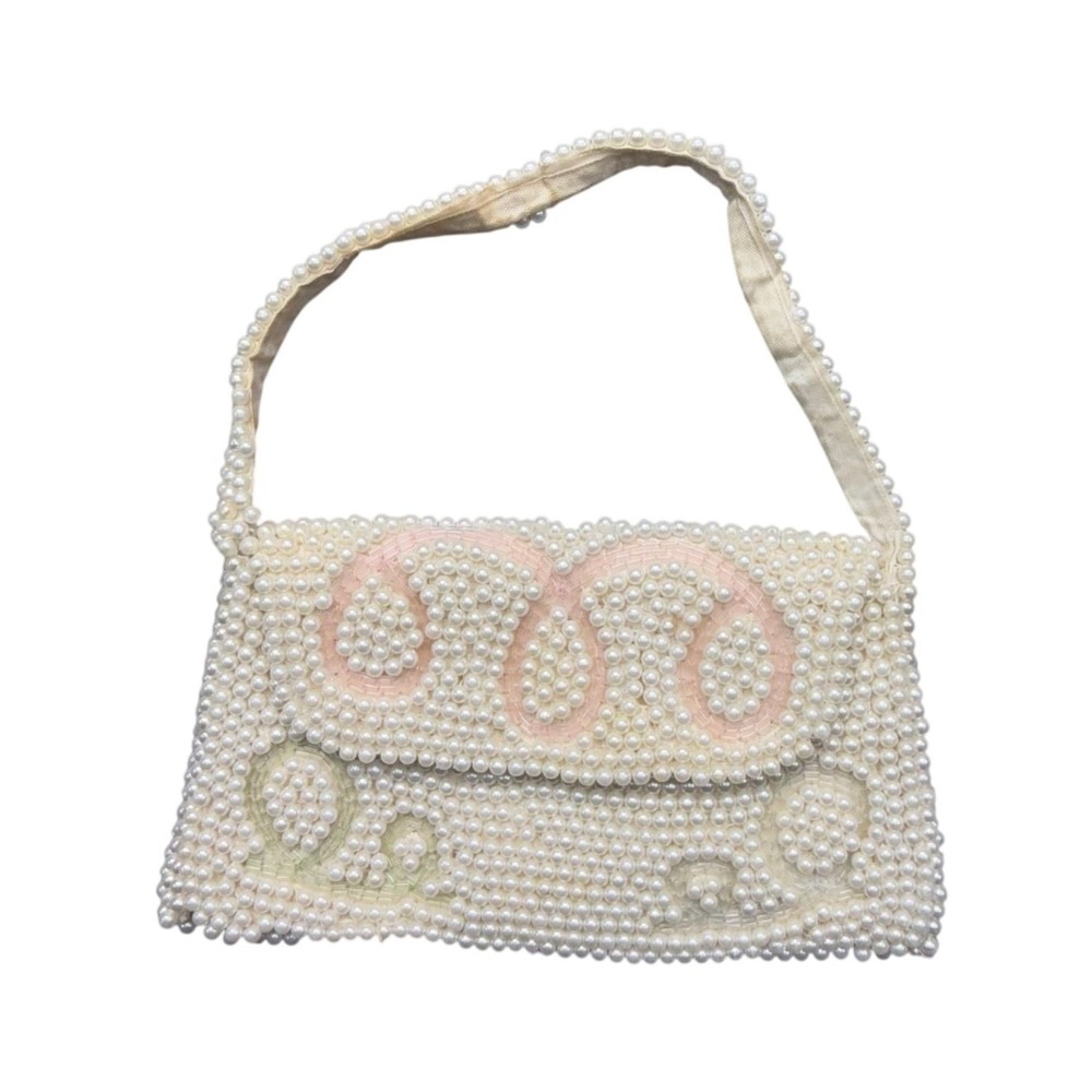 Vintage 1950s Emson made In Japan Beaded Purse White, Pink, Blue, Green Accent